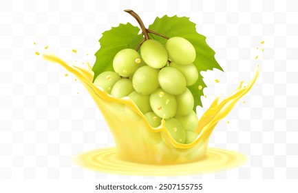 Fresh ripe grape bunch falls into a splash of juice, isolated on transparent background. Realistic 3d vector illustration. Summer food and drink. Splash of grapes juice or smoothie, vitamin cocktail