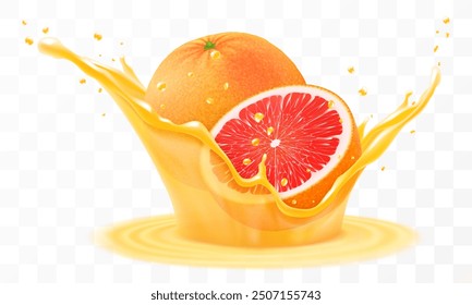 Fresh ripe grapefruit falls into a splash of juice, isolated on transparent background. Realistic 3d vector illustration. Summer vitamin food and drink. Splash of grapefruit juice or smoothie,