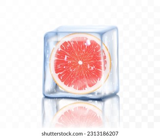Baraja de pomelo madura en cubo de hielo aislada sobre fondo transparente. Pomelo de jugo congelado, ilustración de vector 3d realista