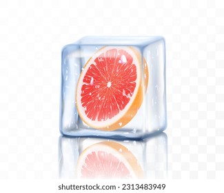 Baraja de pomelo madura en cubo de hielo aislada sobre fondo transparente. Pomelo de jugo congelado, ilustración de vector 3d realista
