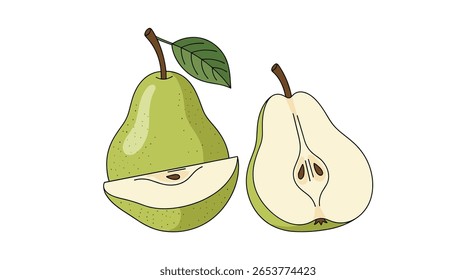 Peras verdes maduras frescas, uma inteira com fatia e uma dividida pela metade, mostrando sementes e frutos saudáveis
