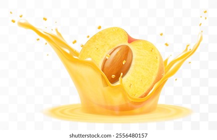 Fresh ripe half of apricot falls into a splash of juice, isolated on transparent background. Realistic 3d vector illustration. Summer vitamin food and drink. Apricot smoothie splash, vitamin cocktail