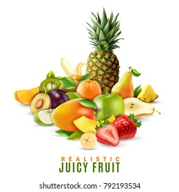 Fresh Ripe Juicy Fruit And Berries With Pineapple Strawberry Pear Banana Apple Orange Mango Peach Kiwi Plum On White Background Realistic Vector Illustration