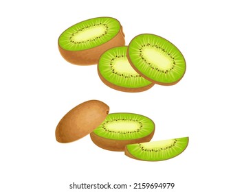 Frischer reifer Kiwi-Set. Geschnittene, süße organische Früchte, Vektorgrafik