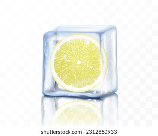 Ropa de limón madura fresca en cubo de hielo aislado en un fondo transparente. Pieza de limón congelada. Ilustración vectorial 3d realista