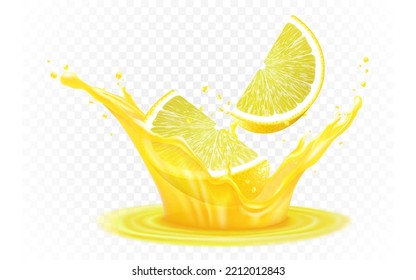 Fresh ripe lemon in a splash of juice, isolated on transparent background. Lemon slices fall into fresh juice, realistic 3d vector illustration. Citrus liquid, symbol of summer tropical vacation.