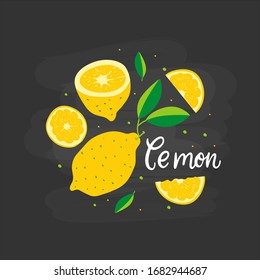 Fresh ripe lemon vector flat illustration with lettering. Set of sliced fruits hand drawn in cartoon doodle style, half or whole, with seeds. Healty detox food