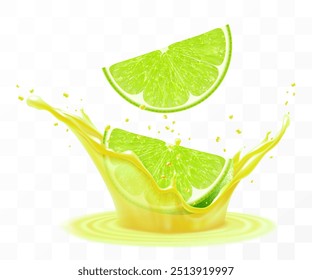 Fresh ripe lime slices falls into a splash of juice, isolated on transparent background. Realistic 3d vector illustration. Summer vitamin food and drink. Lime smoothie splash, vitamin cocktail