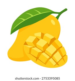 Fresh ripe mango fruit with green leaf and sliced mango cubes tropical fruit illustration