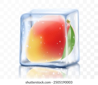 Fresh ripe mango fruit in ice cube isolated on transparent background Frozen tropical mango fruits. Realistic 3d vector illustration. Bright exotic summer design