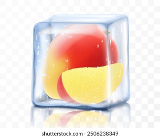 Fresh ripe mango fruit in ice cube isolated on transparent background Frozen tropical mango fruits. Realistic 3d vector illustration. Bright exotic summer design