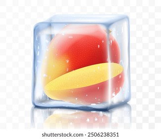 Fresh ripe mango fruit in ice cube isolated on transparent background Frozen tropical mango fruits. Realistic 3d vector illustration. Bright exotic summer design