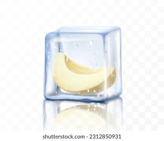 Fresh ripe melon half in ice cube isolated on transparent background. Frozen piece of melon, realistic 3d vector illustration