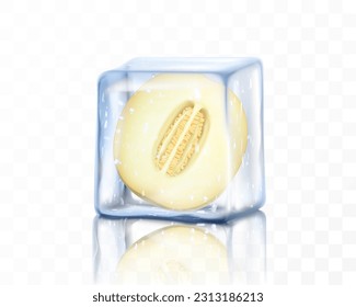 Fresh ripe melon half in ice cube isolated on transparent background. Frozen melon, realistic 3d vector illustration