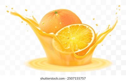 La naranja madura fresca cae en un chorro de jugo, aislado sobre fondo transparente. Ilustración vectorial 3D realista. Comida y bebida de verano. Salpicadura de jugo de naranja o batido, cóctel de vitaminas