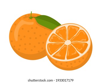 fruta fresca de naranja madura con hojas y rodajas. Ilustración vectorial plana aislada en fondo blanco