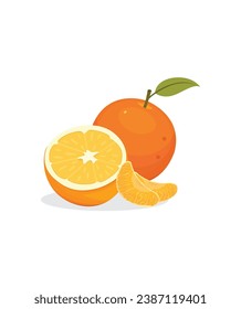 fruta fresca de naranja madura con hojas y rodajas. ilustración de stock