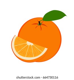Fresh ripe orange fruit and slice with leaf. Vector