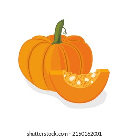 Fresh ripe orange pumpkin on a white background. Tasty sweet vegetable. Pumpkin icon. Can be used as emblem, logo, web print, sticker. Vector illustration.