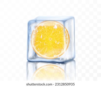 Una rebanada naranja fresca madura en un cubo de hielo aislado en un fondo transparente. Trozo de naranja congelado. Ilustración vectorial 3d realista