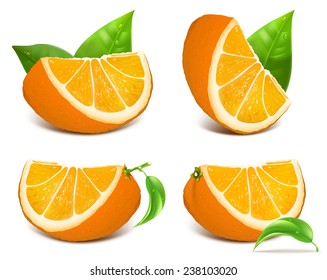 Fresh ripe oranges with green leaves. Vector illustration.