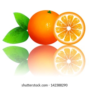 fresh ripe oranges with leaves