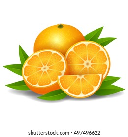 Fresh ripe oranges with leaves