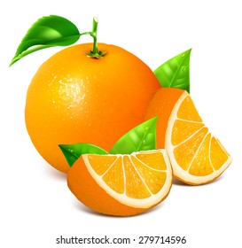 Fresh ripe oranges with leaves. Vector illustration.