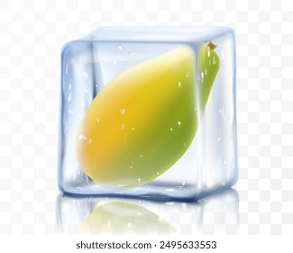 Papaya madura fresca en el cubo de hielo aislado en el fondo transparente Papaya tropical congelada de la fruta. Ilustración vectorial realista 3d. Brillante diseño de verano