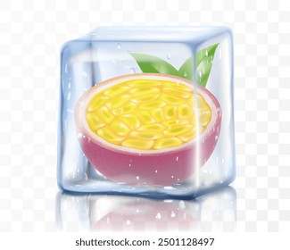 Fresh ripe passion fruit in ice cube isolated on transparent background Frozen tropical juicy passion fruit or passiflora edulis for package design. Realistic 3d Vector illustration of exotic fruits.