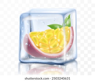 Fresh ripe passion fruit in ice cube isolated on transparent background Frozen tropical juicy passion fruit or passiflora edulis for package design. Realistic 3d Vector illustration of exotic fruits.