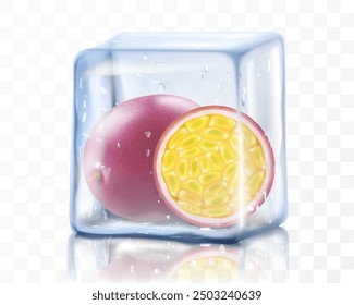 Fresh ripe passion fruit in ice cube isolated on transparent background Frozen tropical juicy passion fruit or passiflora edulis for package design. Realistic 3d Vector illustration of exotic fruits.