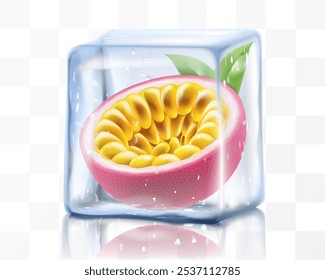 Fresh ripe passion fruit in ice cube isolated on transparent background Frozen tropical juicy passion fruit or passiflora edulis for package design. Realistic 3d Vector illustration of exotic fruits.