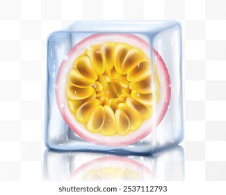 Fresh ripe passion fruit in ice cube isolated on transparent background Frozen tropical juicy passion fruit or passiflora edulis for package design. Realistic 3d Vector illustration of exotic fruits.