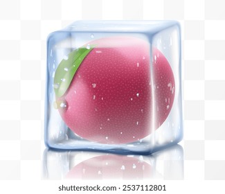 Fresh ripe passion fruit in ice cube isolated on transparent background Frozen tropical juicy passion fruit or passiflora edulis for package design. Realistic 3d Vector illustration of exotic fruits.