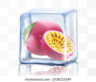 Fresh ripe passion fruit in ice cube isolated on transparent background Frozen tropical juicy passion fruit or passiflora edulis for package design. Realistic 3d Vector illustration of exotic fruits.