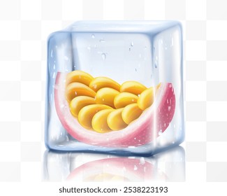 Fresh ripe passion fruit in ice cube isolated on transparent background Frozen tropical juicy passion fruit or passiflora edulis for package design. Realistic 3d Vector illustration of exotic fruits.