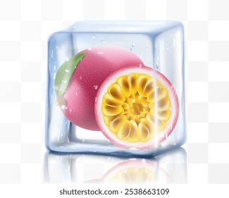 Fresh ripe passion fruit in ice cube isolated on transparent background Frozen tropical juicy passion fruit or passiflora edulis for package design. Realistic 3d Vector illustration of exotic fruits.