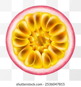 Fresh ripe passion fruit isolated on a transparent background. Passion fruit in section. Fruit with Seeds. Passiflora edulis for package design. Realistic 3d Vector illustration of tropical fruits.