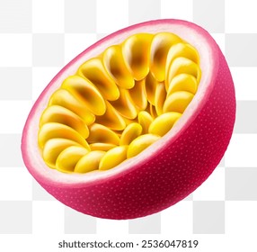 Frische reife Passionsfrucht einzeln auf transparentem Hintergrund. Die Hälfte der Passionsfrucht . Obst mit Samen. Passiflora edulis für Verpackungsdesign. Realistische 3D-Vektorgrafik von tropischen Früchten.