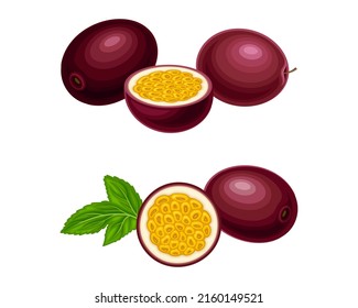 Fresco conjunto maduro de frutas. Ilustración vectorial de frutos de maracuya exóticos de jugo dulce