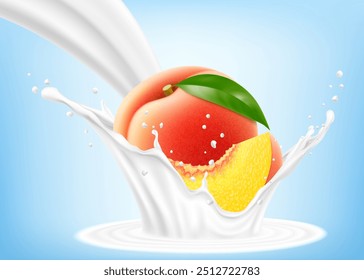 Fresh ripe peach falls into a splash of yogurt or milk, cocktail splash with drops, Milkshake splash with sweet juicy fruit. Realistic 3d vector illustration