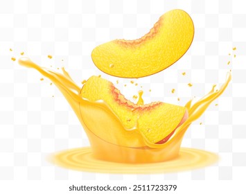 Las rebanadas de melocotón maduras frescas caen en un chorro de jugo, aisladas sobre fondo transparente. Ilustración vectorial 3D realista. Alimentos y bebidas vitamínicas de verano. Batido de melocotón, cóctel de vitaminas