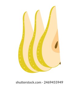 Fresh ripe Pear slice icon. Healthy vegetarian snack, cut Pear for design, infographic. Sliced on pieces Pear. Hand drawn trendy flat style isolated on white. Vector illustration