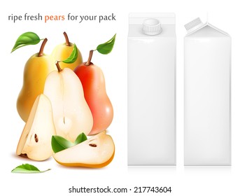 Fresh ripe pears with green leaves. Juice white carton package. Vector illustration