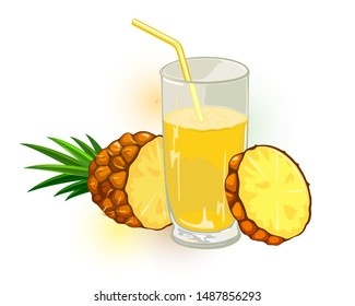 Fresh, ripe pineapple with leaves cutted to slices and glass of yellow nectar, juice or cocktail with straw. Sweet fruit tropical drink: pina colada or tepache. Summer beverage. Vector cartoon.