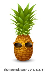 Fresh ripe Pineapple wearing the sunglasses. Summer vacation concept. Realistic vector illustration. Isolated on white background.