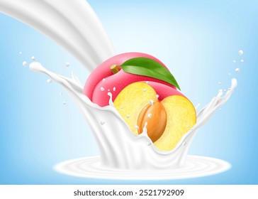 Ameixa madura fresca cai em um respingo de iogurte ou leite, coquetel splash com gotas, Milkshake splash com frutas doces suculentas. Ilustração realista do vetor 3d