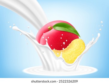 Ameixa madura fresca cai em um respingo de iogurte ou leite, coquetel splash com gotas, Milkshake splash com frutas doces suculentas. Ilustração realista do vetor 3d