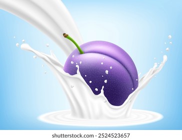 Frische reife violette Pflaume fällt in einen Spritzer Jogurt oder Milch, Cocktail-Spritzer mit Tropfen, Milkshake-Spritzer mit süßen saftigen Früchten. Realistische 3D-Vektorgrafik